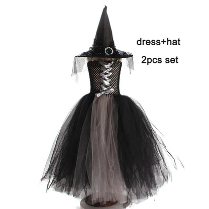 Witchy Halloween Girls Tutu Dress with Hat Medieval Fantasy Black Gothic Gown Dresses for Villain Party Purim Carnival Costume