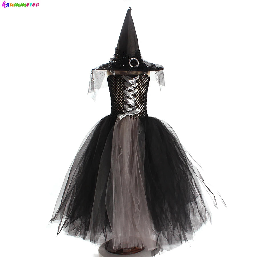 Witchy Halloween Girls Tutu Dress with Hat Medieval Fantasy Black Gothic Gown Dresses for Villain Party Purim Carnival Costume