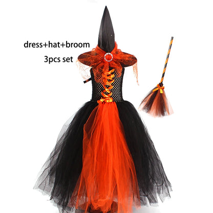 Witchy Halloween Girls Tutu Dress with Hat Medieval Fantasy Black Gothic Gown Dresses for Villain Party Purim Carnival Costume