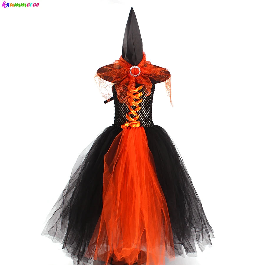 Witchy Halloween Girls Tutu Dress with Hat Medieval Fantasy Black Gothic Gown Dresses for Villain Party Purim Carnival Costume