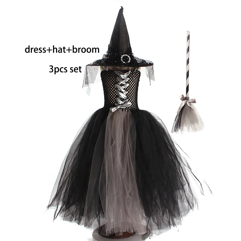 Witchy Halloween Girls Tutu Dress with Hat Medieval Fantasy Black Gothic Gown Dresses for Villain Party Purim Carnival Costume