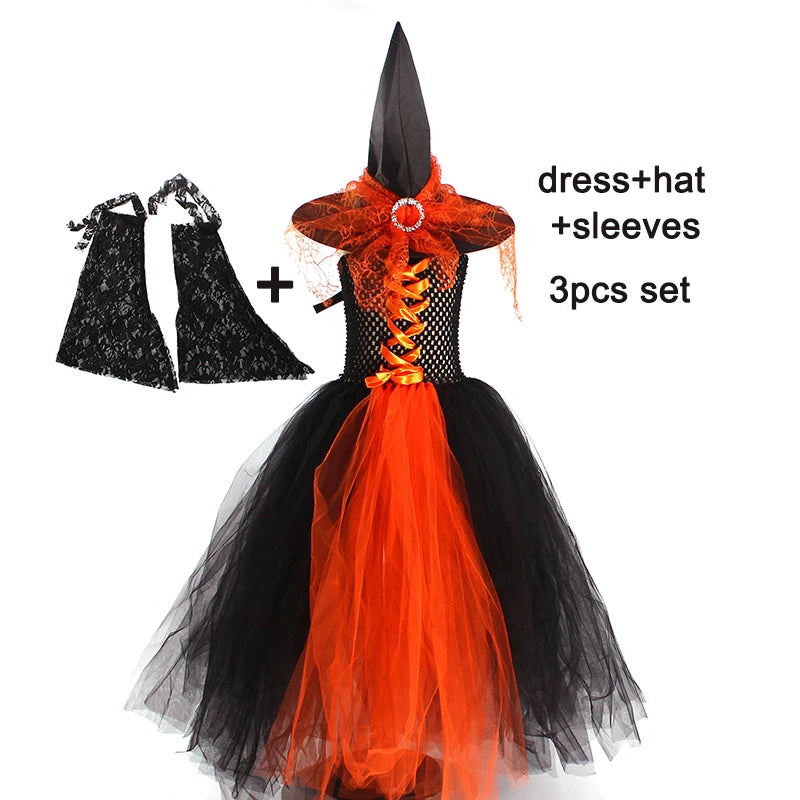 Witchy Halloween Girls Tutu Dress with Hat Medieval Fantasy Black Gothic Gown Dresses for Villain Party Purim Carnival Costume