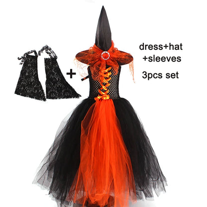 Witchy Halloween Girls Tutu Dress with Hat Medieval Fantasy Black Gothic Gown Dresses for Villain Party Purim Carnival Costume