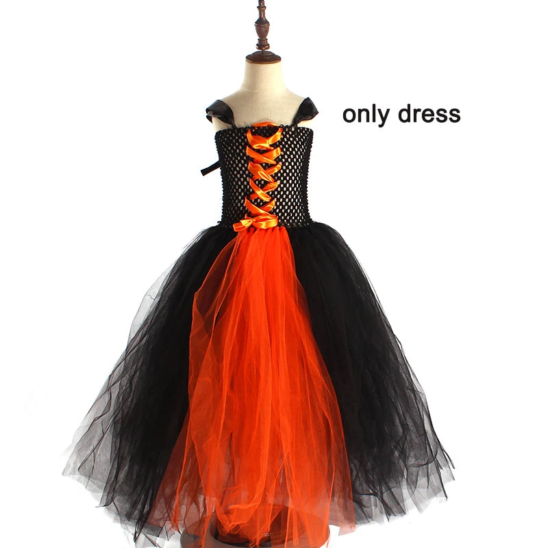 Witchy Halloween Girls Tutu Dress with Hat Medieval Fantasy Black Gothic Gown Dresses for Villain Party Purim Carnival Costume