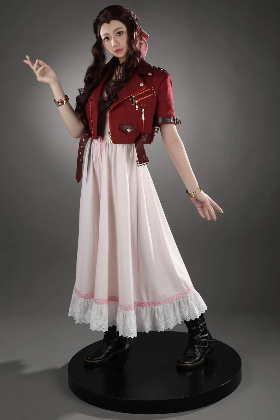 Woman FF7 Aerith Gainsborough Cosplay Costume Aerith Red Coat and Pink Dress Wig Boots Full Set and Individual Items