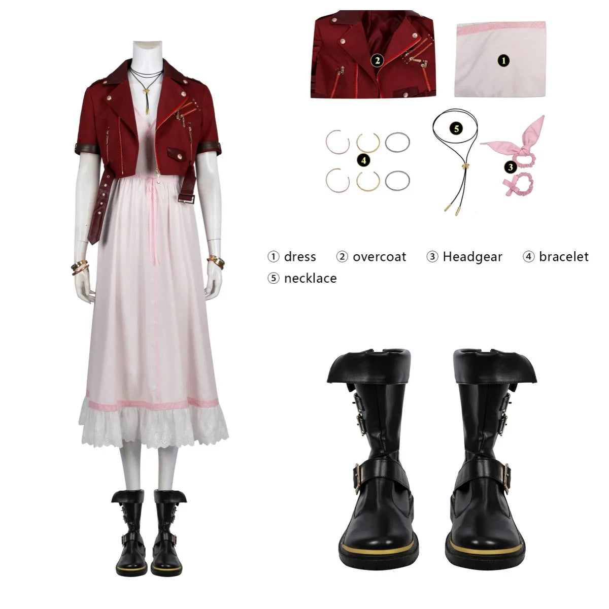 Woman FF7 Aerith Gainsborough Cosplay Costume Aerith Red Coat and Pink Dress Wig Boots Full Set and Individual Items