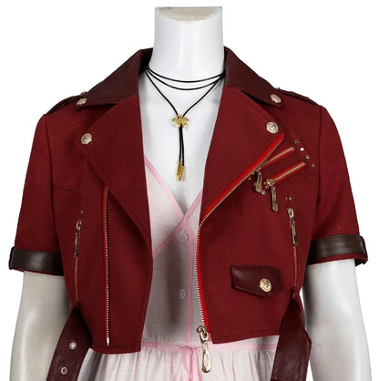 Woman FF7 Aerith Gainsborough Cosplay Costume Aerith Red Coat and Pink Dress Wig Boots Full Set and Individual Items