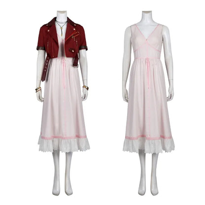 Woman FF7 Aerith Gainsborough Cosplay Costume Aerith Red Coat and Pink Dress Wig Boots Full Set and Individual Items