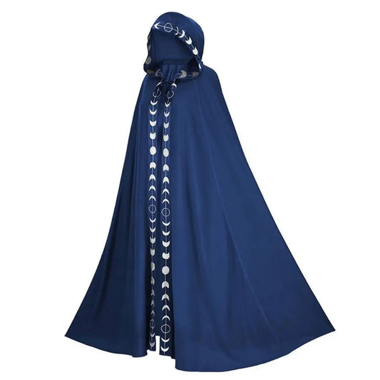 Woman Mantle Hooded Moon Print Unisex Cloak Medieval Extra Long Lace Up Halloween Cape Cosplay Costume