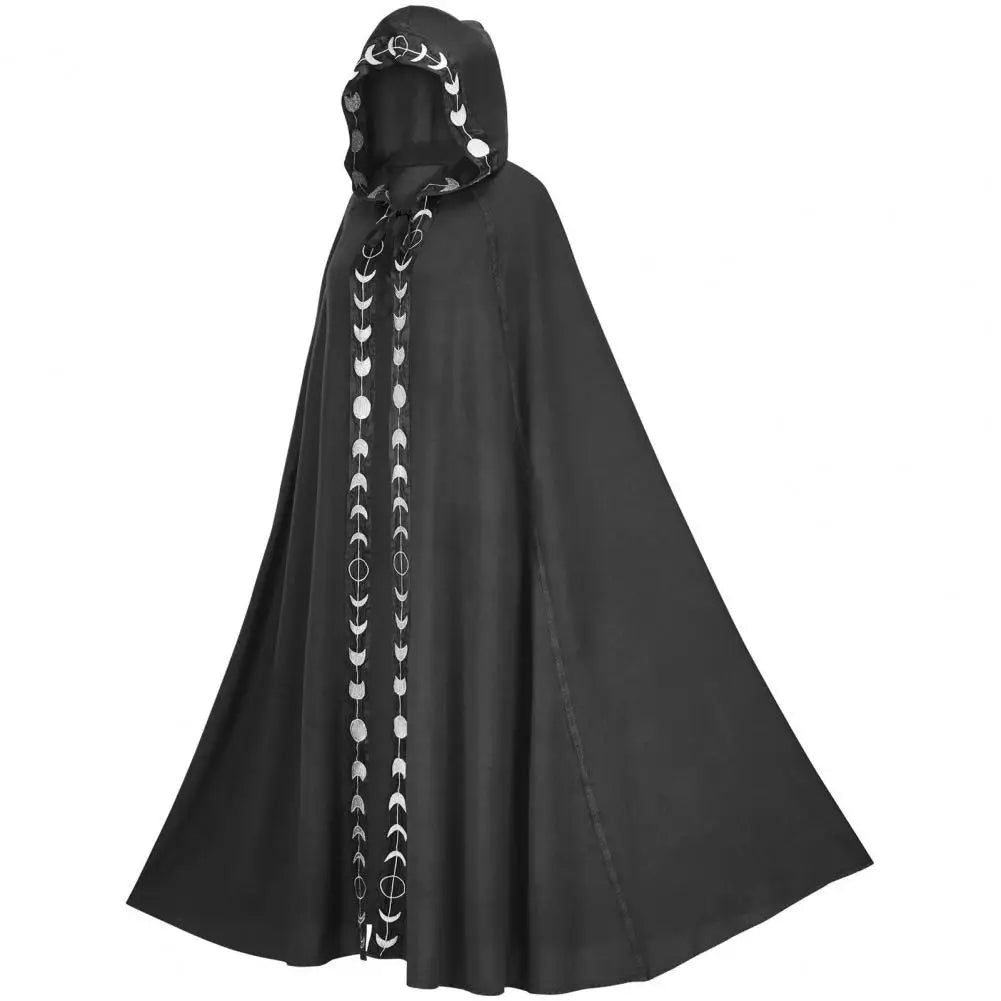 Woman Mantle Hooded Moon Print Unisex Cloak Medieval Extra Long Lace Up Halloween Cape Cosplay Costume