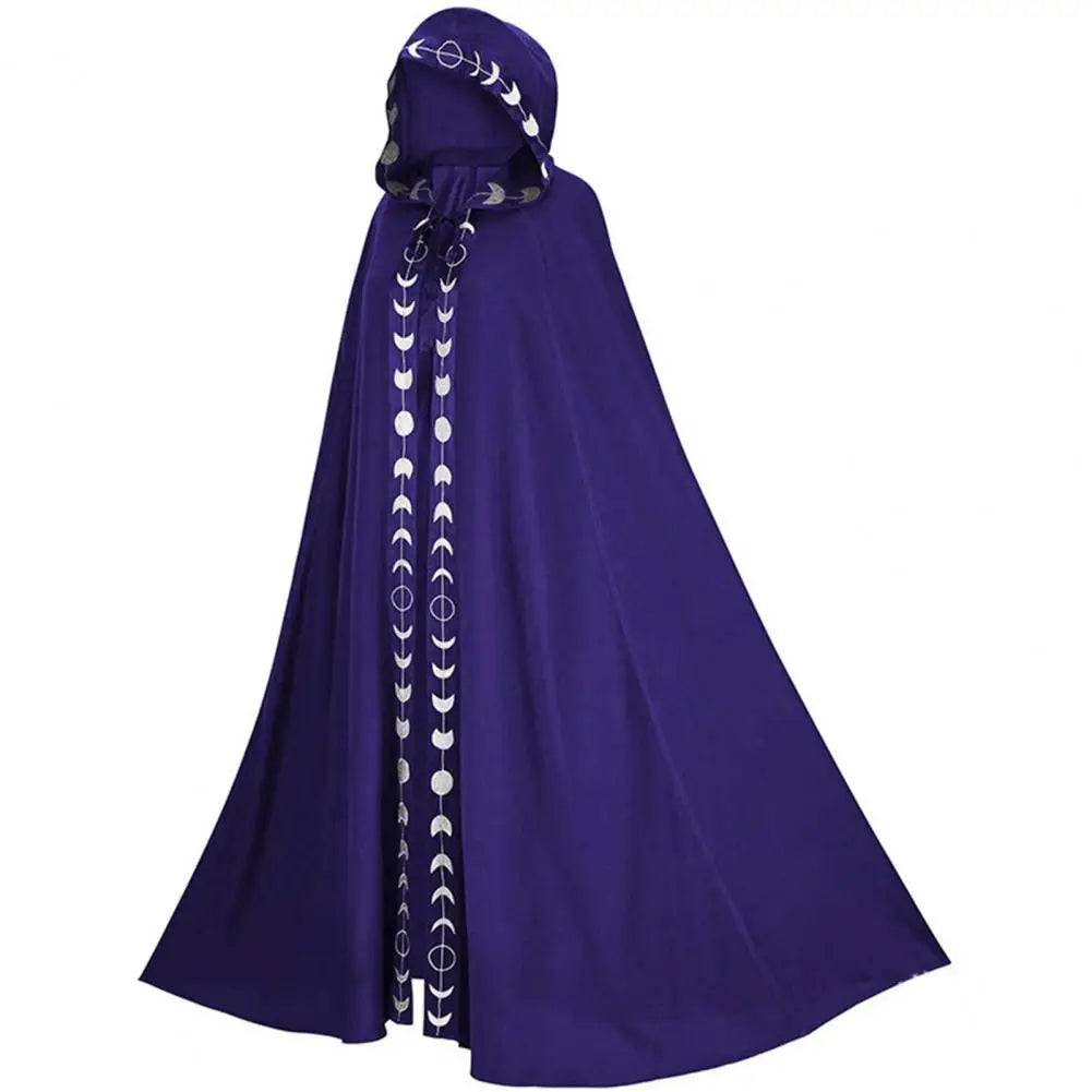 Woman Mantle Hooded Moon Print Unisex Cloak Medieval Extra Long Lace Up Halloween Cape Cosplay Costume