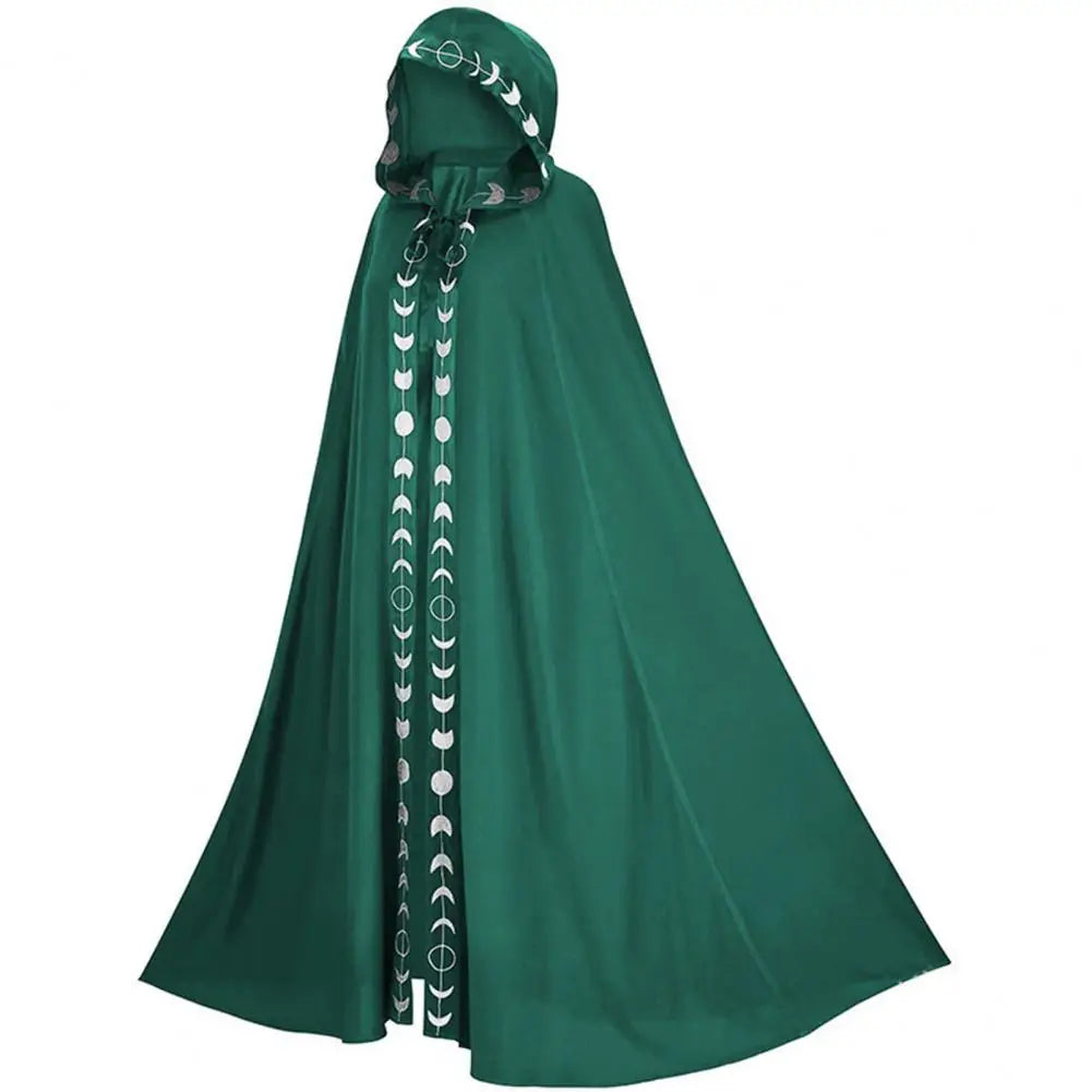 Woman Mantle Hooded Moon Print Unisex Cloak Medieval Extra Long Lace Up Halloween Cape Cosplay Costume