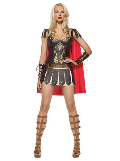 Women Gladiator Warrior Princess Costume with Cape and Armor Details