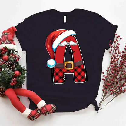 Women Christmas Alphabet Short Sleeve Tee Print Clothes Xmas Cartoon Clothing Holiday Female Christmas Letter Graphic T-shirts