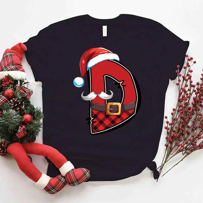 Women Christmas Alphabet Short Sleeve Tee Print Clothes Xmas Cartoon Clothing Holiday Female Christmas Letter Graphic T-shirts