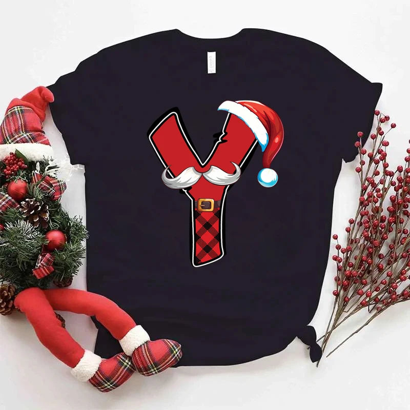 Women Christmas Alphabet Short Sleeve Tee Print Clothes Xmas Cartoon Clothing Holiday Female Christmas Letter Graphic T-shirts