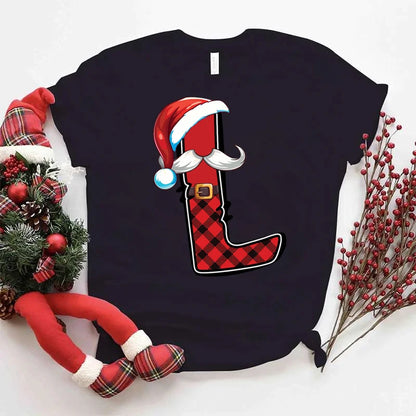 Women Christmas Alphabet Short Sleeve Tee Print Clothes Xmas Cartoon Clothing Holiday Female Christmas Letter Graphic T-shirts