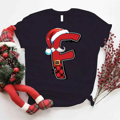 Women Christmas Alphabet Short Sleeve Tee Print Clothes Xmas Cartoon Clothing Holiday Female Christmas Letter Graphic T-shirts