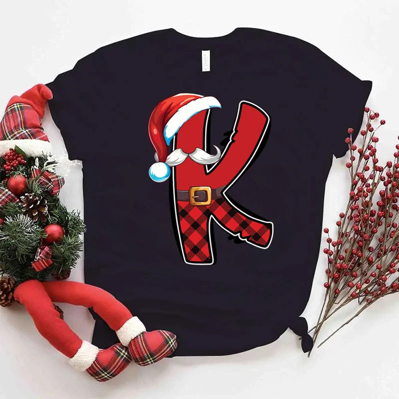 Women Christmas Alphabet Short Sleeve Tee Print Clothes Xmas Cartoon Clothing Holiday Female Christmas Letter Graphic T-shirts