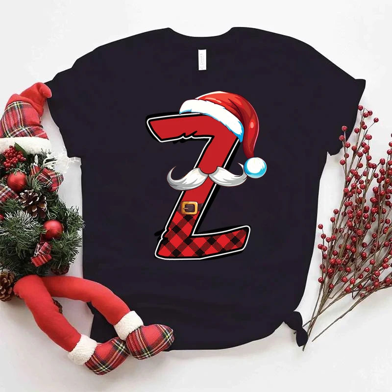 Women Christmas Alphabet Short Sleeve Tee Print Clothes Xmas Cartoon Clothing Holiday Female Christmas Letter Graphic T-shirts