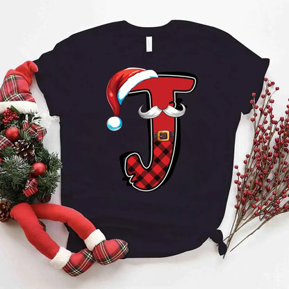 Women Christmas Alphabet Short Sleeve Tee Print Clothes Xmas Cartoon Clothing Holiday Female Christmas Letter Graphic T-shirts