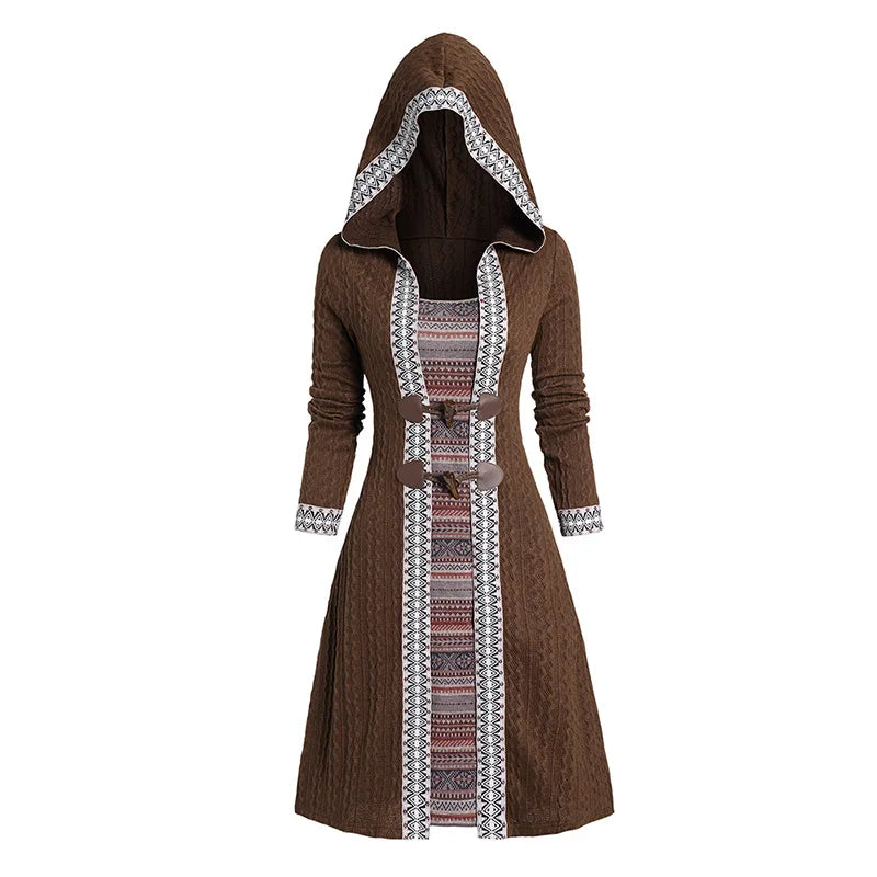 Women Christmas Hooded Dresses Tribal Geometric Graphic Knit Faux Twinset Dress Horn Button Textured Knitted Mini 2-in-1 Dress