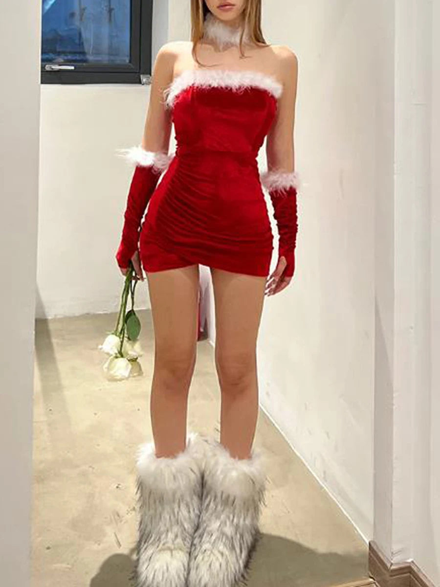 Women Christmas Red Lingerie Plush Patchwork Strapless Tube Dress Christmas Party Cosplay Costume with Arm Sleeve and Choker