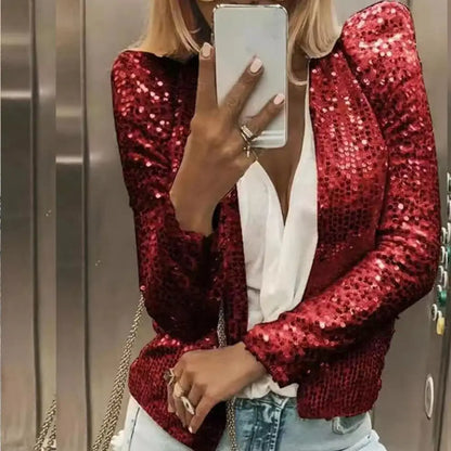 Women Coat Fashion Lady Sparkly Glitter Short Blazer Smooth Lined Lady Jacket  Women Open Front Sequin Jacket for Daily Wear