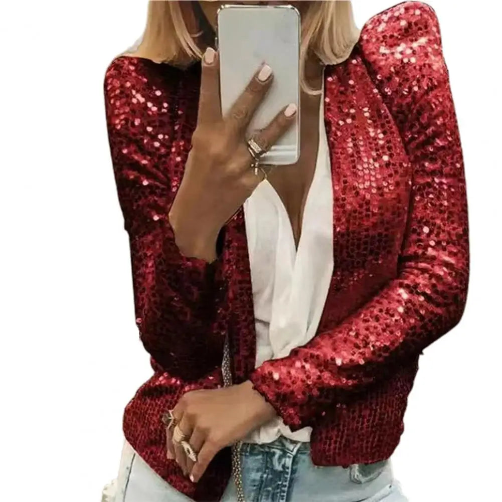 Women Coat Fashion Lady Sparkly Glitter Short Blazer Smooth Lined Lady Jacket  Women Open Front Sequin Jacket for Daily Wear