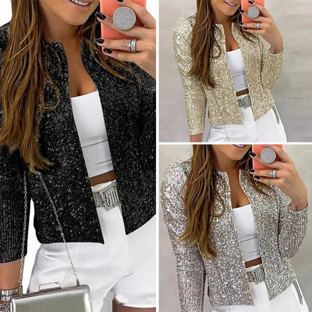 Women Coat Fashion Lady Sparkly Glitter Short Blazer Smooth Lined Lady Jacket  Women Open Front Sequin Jacket for Daily Wear