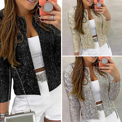 Women Coat Fashion Lady Sparkly Glitter Short Blazer Smooth Lined Lady Jacket  Women Open Front Sequin Jacket for Daily Wear