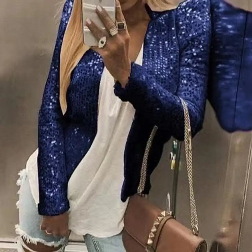 Women Coat Fashion Lady Sparkly Glitter Short Blazer Smooth Lined Lady Jacket  Women Open Front Sequin Jacket for Daily Wear