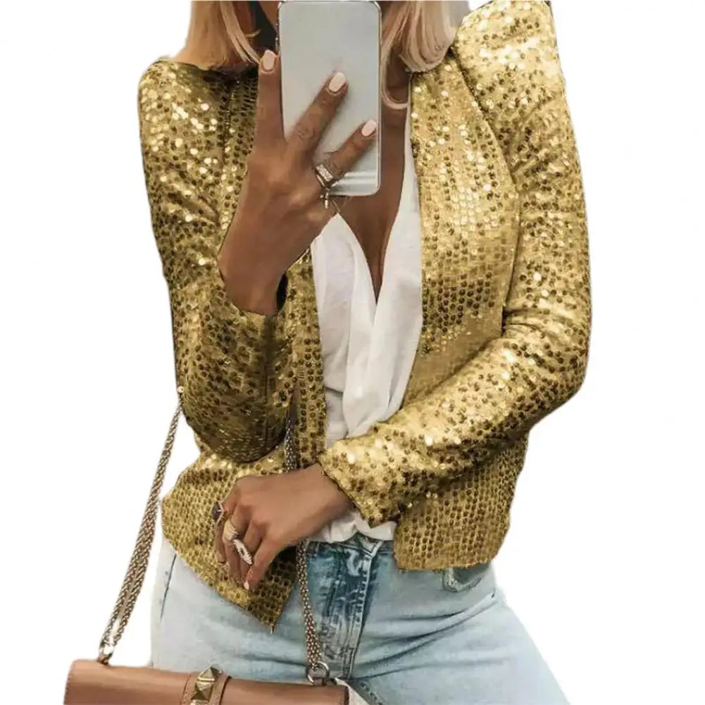 Women Coat Fashion Lady Sparkly Glitter Short Blazer Smooth Lined Lady Jacket  Women Open Front Sequin Jacket for Daily Wear