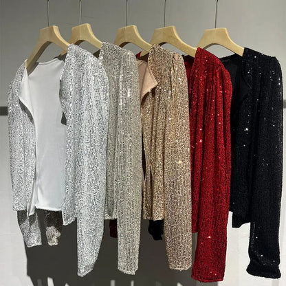 Women Coat Fashion Lady Sparkly Glitter Short Blazer Smooth Lined Lady Jacket  Women Open Front Sequin Jacket for Daily Wear