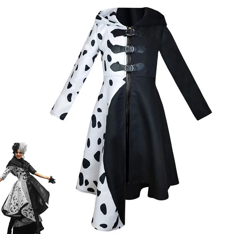 Women Evil Madame Cruella De Vil Cosplay Costume Gown Black White Hoodie Dress Gloves Suit Halloween Carnival Masquerade Clothes