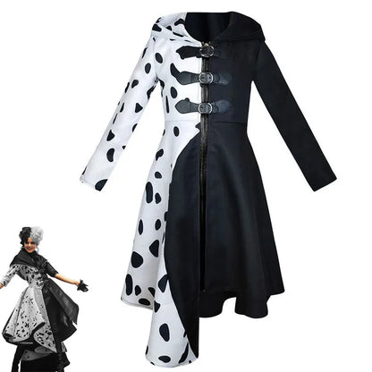 Women Evil Madame Cruella De Vil Cosplay Costume Gown Black White Hoodie Dress Gloves Suit Halloween Carnival Masquerade Clothes