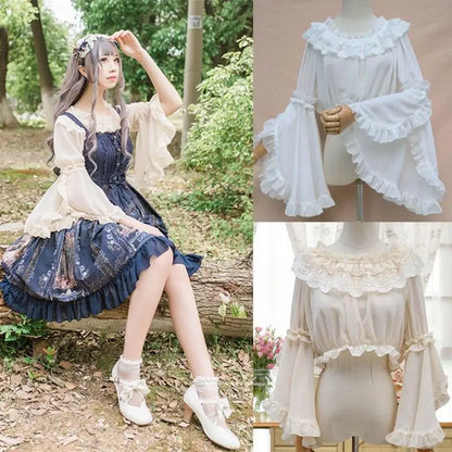 Women Flounce Sleeve Elegant Undershirt Top White Apricot Blouse Puff Sleeves Sweet Lolita Shirt Inner Tops For Girl Sweet Party