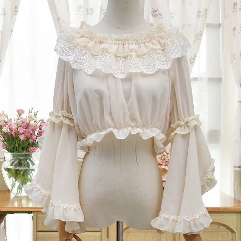 Women Flounce Sleeve Elegant Undershirt Top White Apricot Blouse Puff Sleeves Sweet Lolita Shirt Inner Tops For Girl Sweet Party