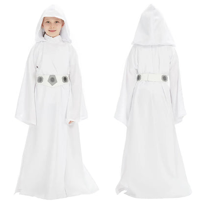 Women Girls Leia Cosplay Fantasy White Robe Movie Space Battle Costume Disguise Kids Adult Cosplay Roleplay Outfits