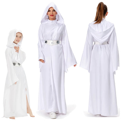 Women Girls Leia Cosplay Fantasy White Robe Movie Space Battle Costume Disguise Kids Adult Cosplay Roleplay Outfits