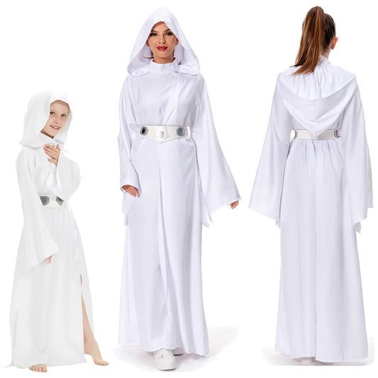 Women Girls Leia Cosplay Fantasy White Robe Movie Space Battle Costume Disguise Kids Adult Cosplay Roleplay Outfits