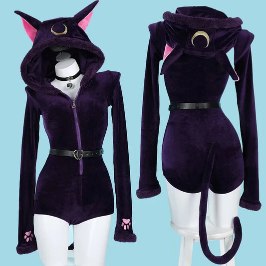 Women Girls Luna Purple Lingerie Hooded Sexy Bodysuit Homewear with Tail Belt and Socks Cosplay Costume Halloween Party Jumpsuit