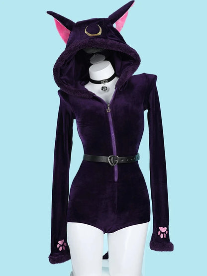 Women Girls Luna Purple Lingerie Hooded Sexy Bodysuit Homewear with Tail Belt and Socks Cosplay Costume Halloween Party Jumpsuit