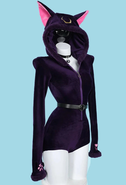 Women Girls Luna Purple Lingerie Hooded Sexy Bodysuit Homewear with Tail Belt and Socks Cosplay Costume Halloween Party Jumpsuit