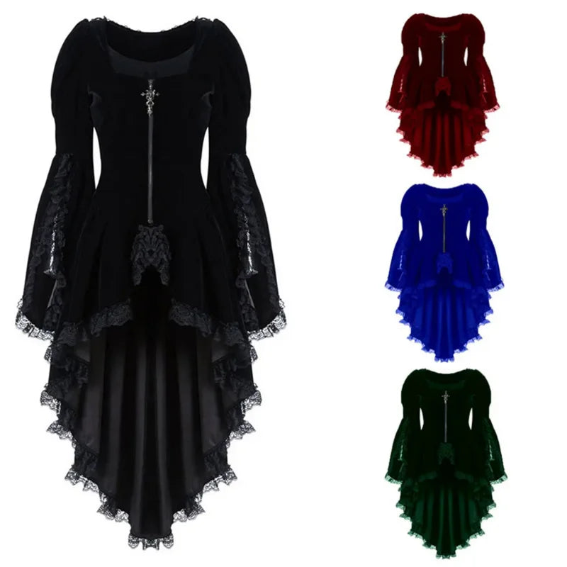 Gothic Lace Velvet Long Sleeve Tuxedo Dress with High Low Hem for Women Aristocratic Vampire Cosplay Costume