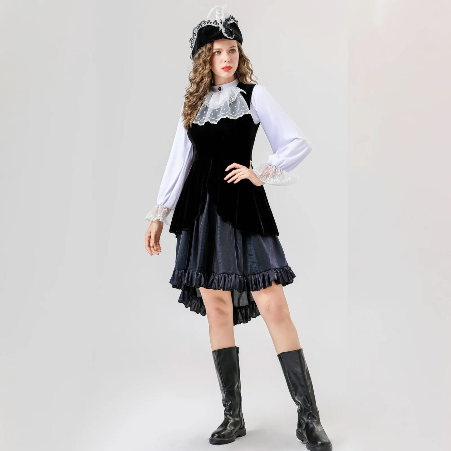 Women Halloween Costumes Cos Sexy Long Dress Medieval Retro Style Sweet Elegant Fine Dresses Long-Sleeve Inner Wear Hat Belt Set