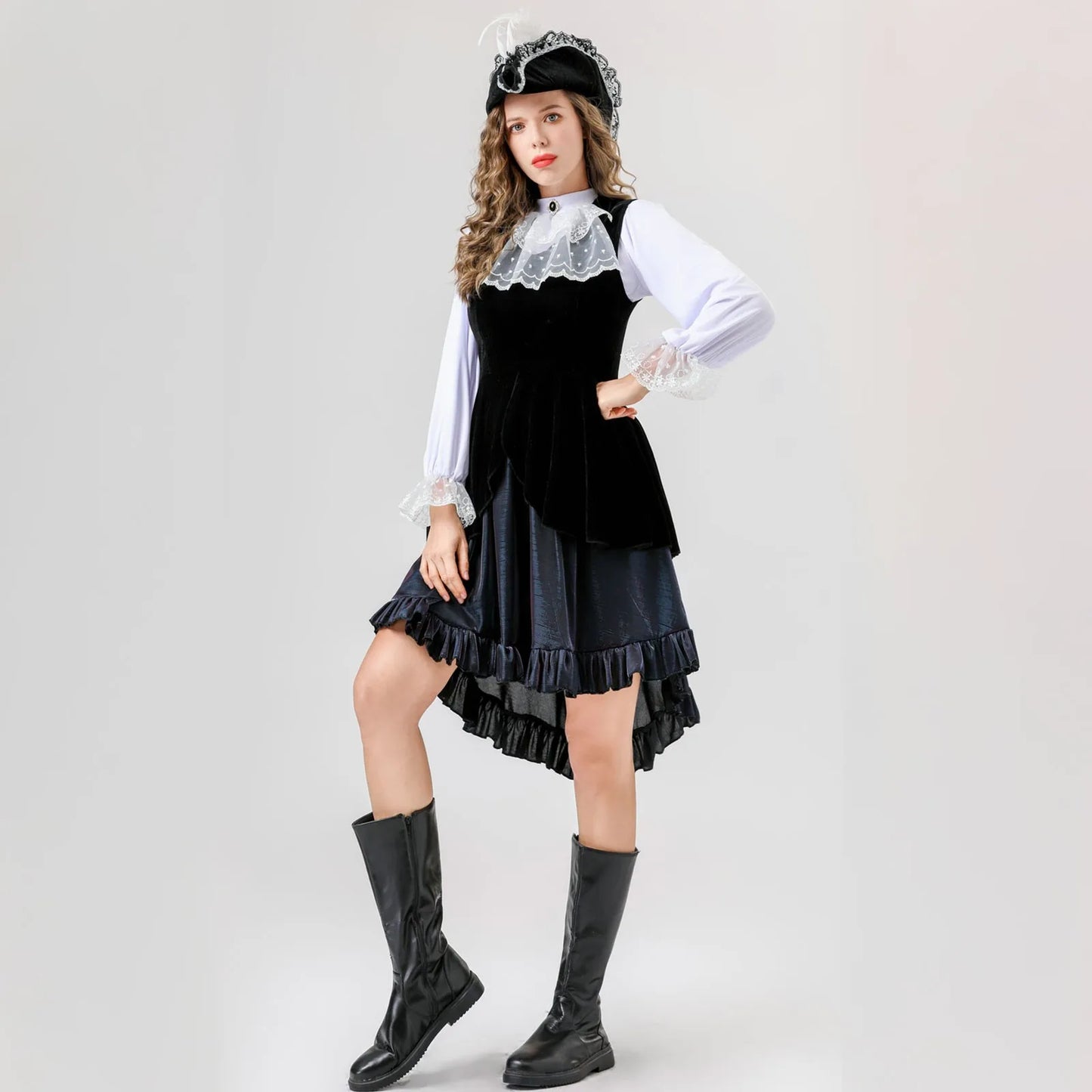 Women Halloween Costumes Cos Sexy Long Dress Medieval Retro Style Sweet Elegant Fine Dresses Long-Sleeve Inner Wear Hat Belt Set