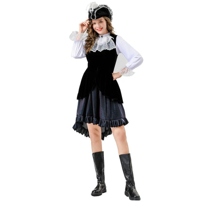 Women Halloween Costumes Cos Sexy Long Dress Medieval Retro Style Sweet Elegant Fine Dresses Long-Sleeve Inner Wear Hat Belt Set