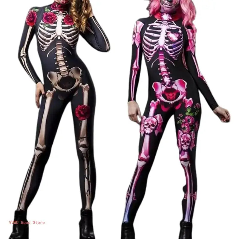 Women Halloween Party Costume Skull Print Long Sleeve Jumpsuit Outfit Skeleton