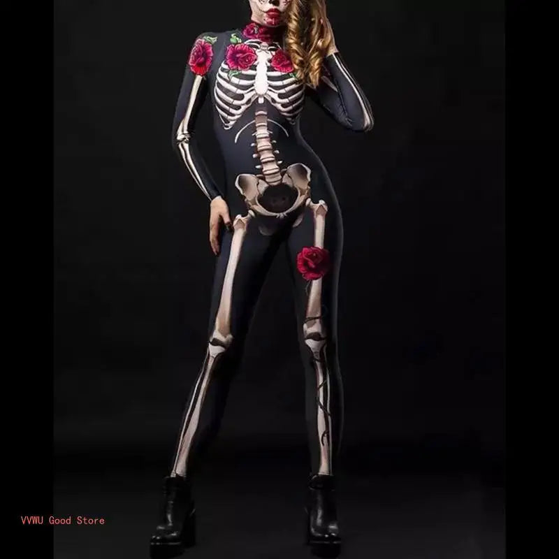 Women Halloween Party Costume Skull Print Long Sleeve Jumpsuit Outfit Skeleton